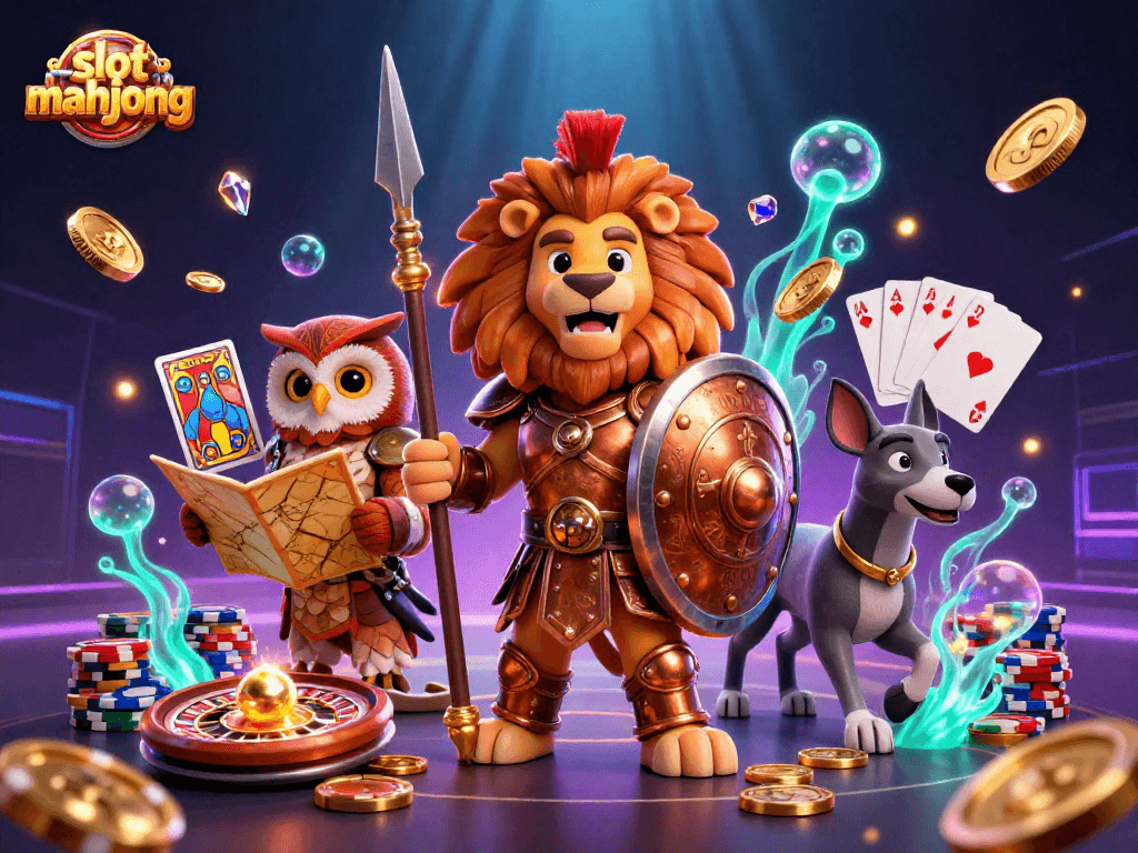 Win big with slot mahjong in a vibrant 3D casino scene filled with golden coins and colorful poker chips.