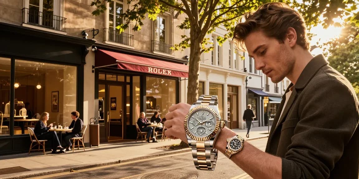 Admiring Rolex super clone watches in urban evening light, showcasing detail and luxury.
