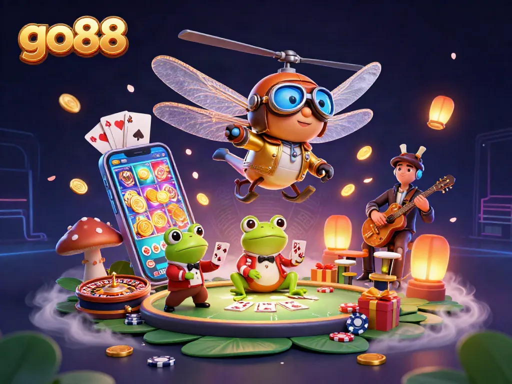 Experience go88's vibrant gaming scene with a cartoon dragonfly pilot, croupier frog, and jazz-playing crickets.