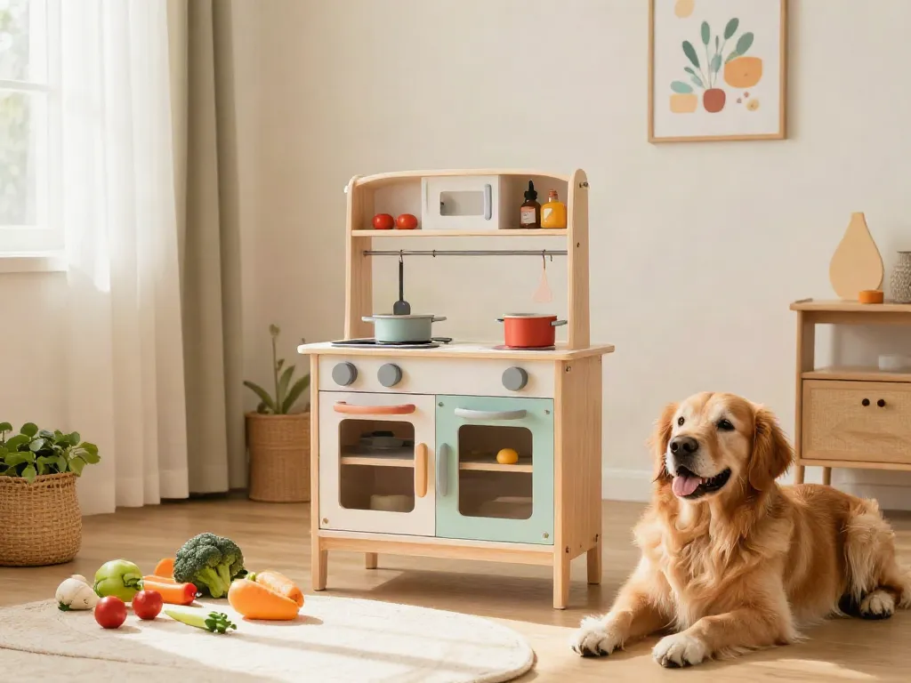 Engaging child playing in a vibrant play kitchen, surrounded by colourful toys and cheerful decor.