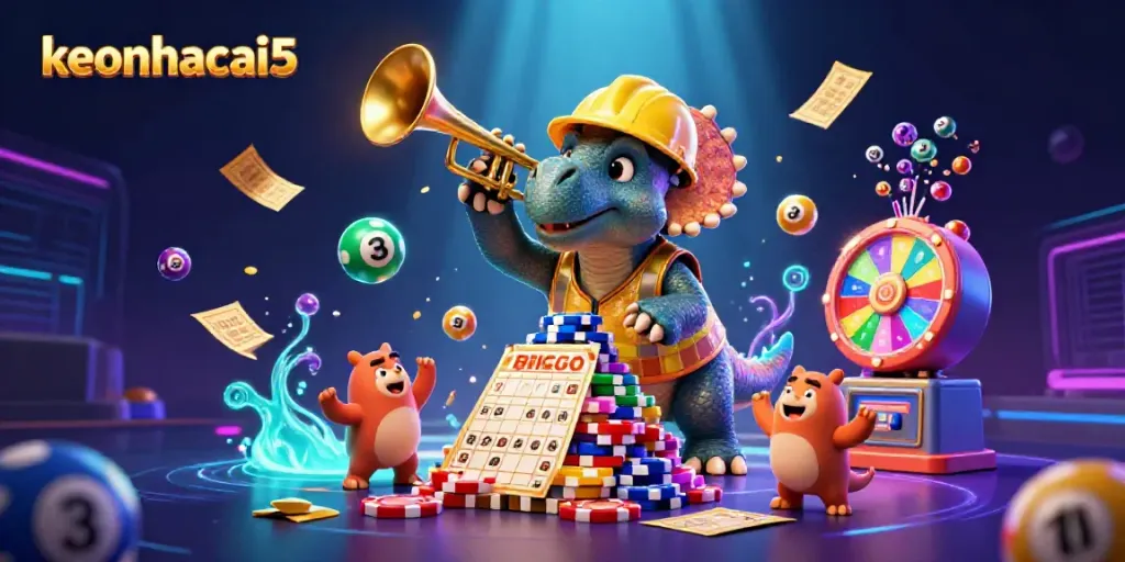 Experience the excitement of keonhacai5 with a vibrant 3D scene featuring a triceratops and a parasaurolophus celebrating over colorful gambling elements.