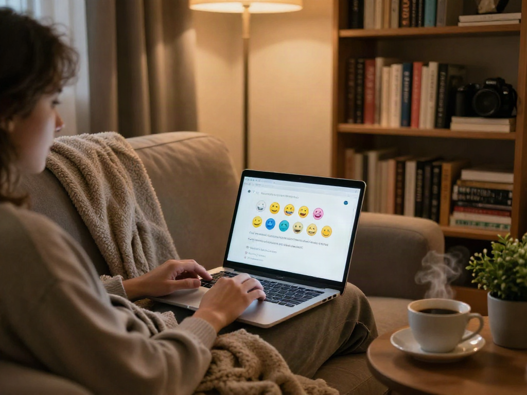 Engaging in ai porn chat on a cozy couch, warm atmosphere.