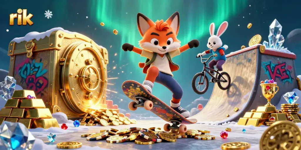 Experience thrilling games at rik with vibrant visuals of a fox and rabbit in an exciting casino setting.