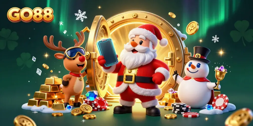 Play slots with GO88 in a festive casino scene featuring Santa, a reindeer, and a snowman.