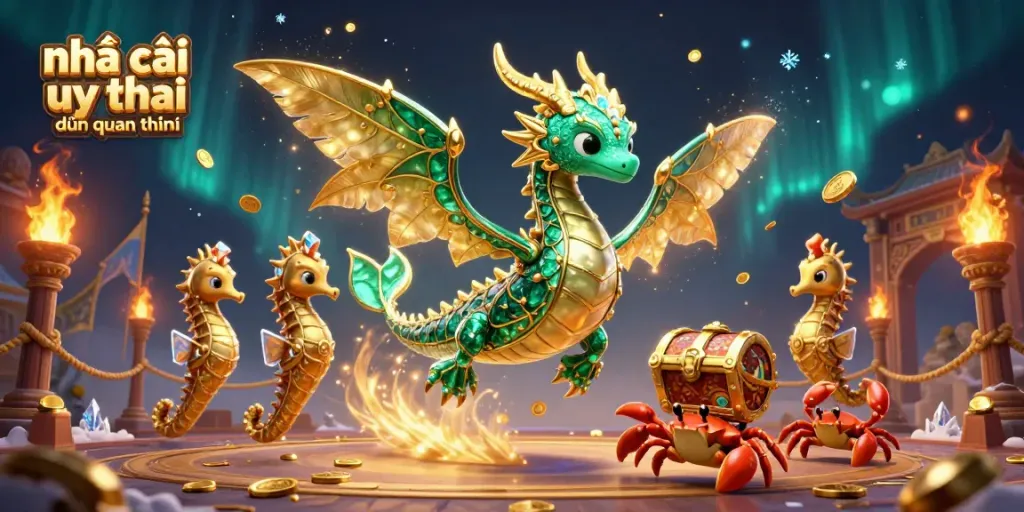 Engage with the vibrant world of nhà cái uy tín được quan tâm featuring a mythical sea dragon and treasure chest in a dynamic casino-themed scene.