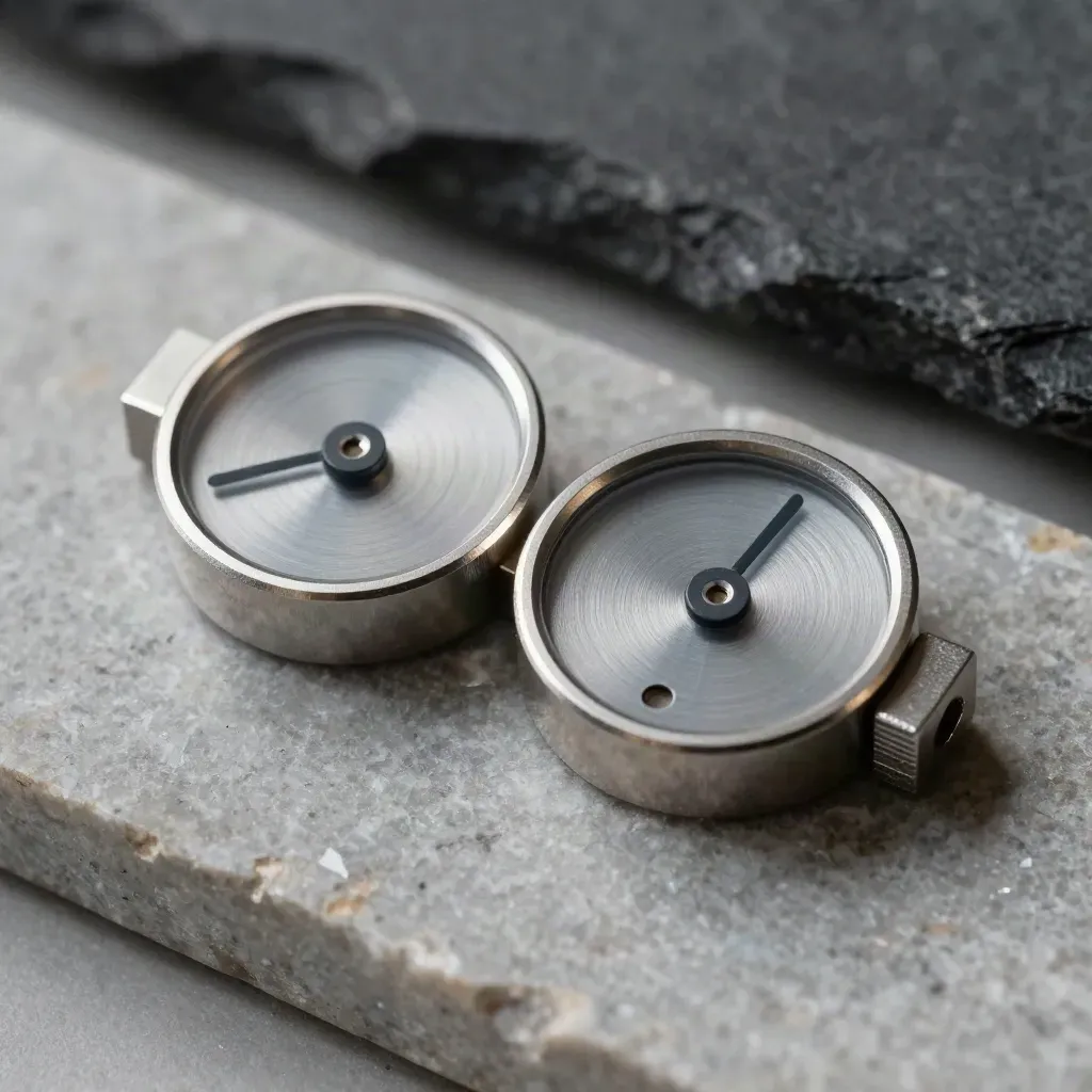 Twin aluminium gauge faces and a spacer block on stone, lit by crisp skimming light.
