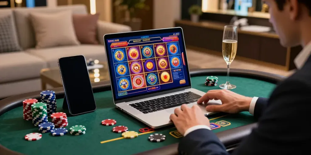 Engaging scene of a player enjoying credit card casinos in a luxurious gaming environment with vibrant slot game graphics.