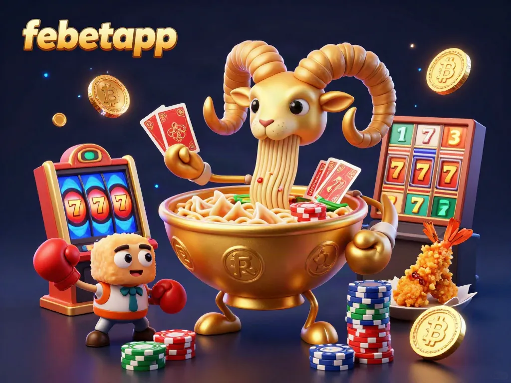 Engage in exciting gameplay with the febetapp as a giant ramen bowl deals cards and stacks chips amidst a vibrant casino scene.