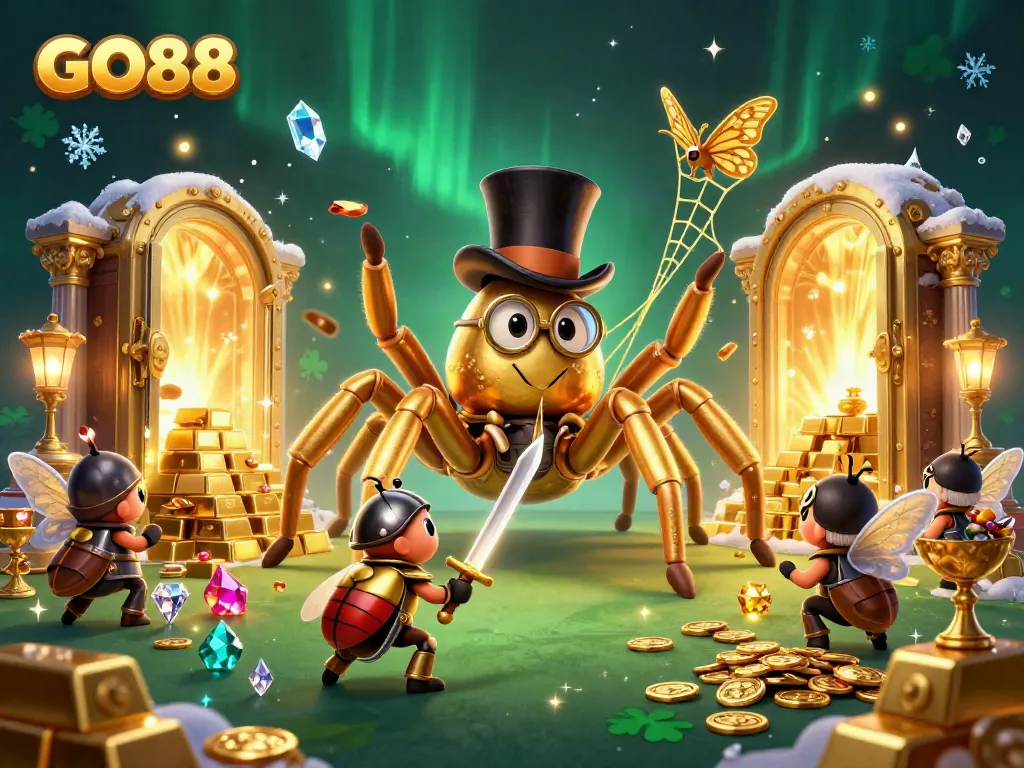 Engage with GO88 through this vibrant 3D illustration of a golden tarantula and beetle knight in a casino.