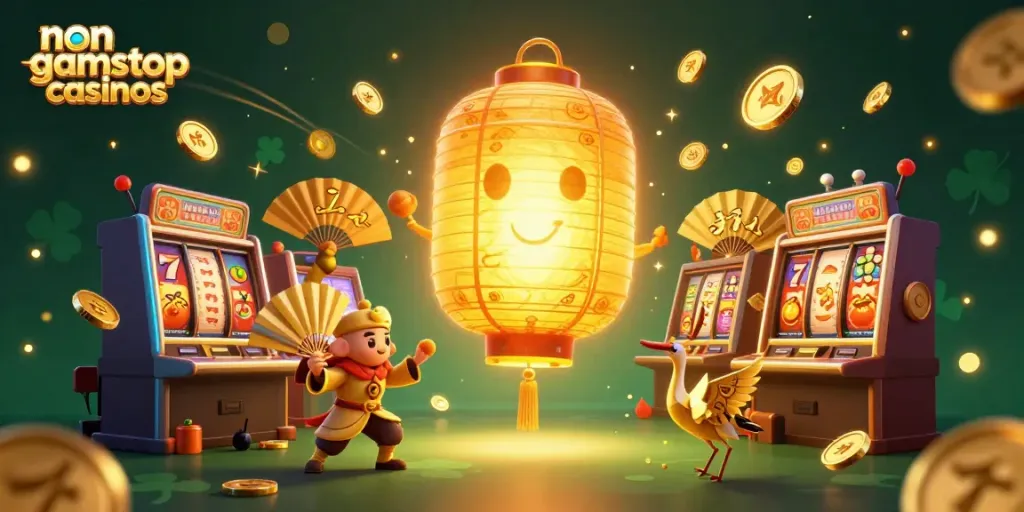 Experience the excitement of non gamstop casinos with vibrant characters and dazzling slots in a dynamic scene.
