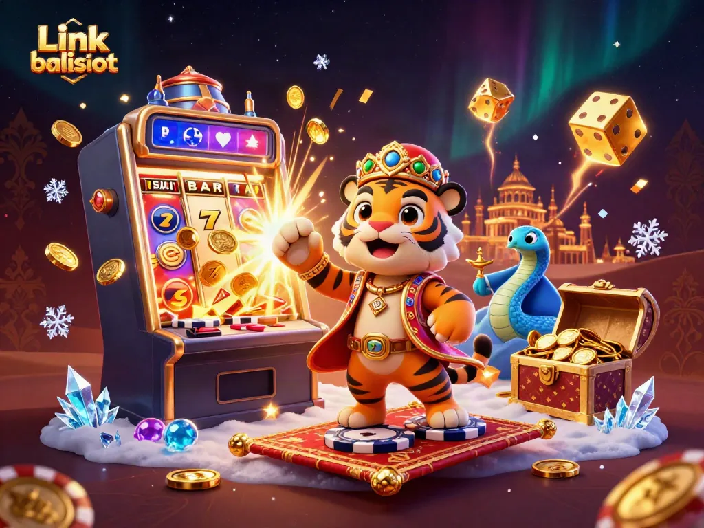 Experience the excitement of Link balislot with a dynamic jackpot scene bursting with vivid characters and casino elements.