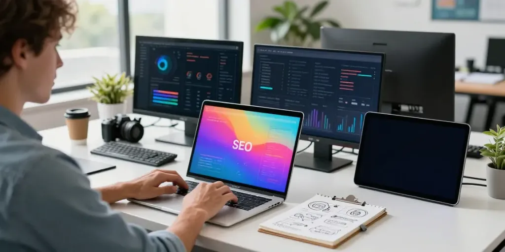 Digital marketer focused on instant indexing strategies in a modern office.