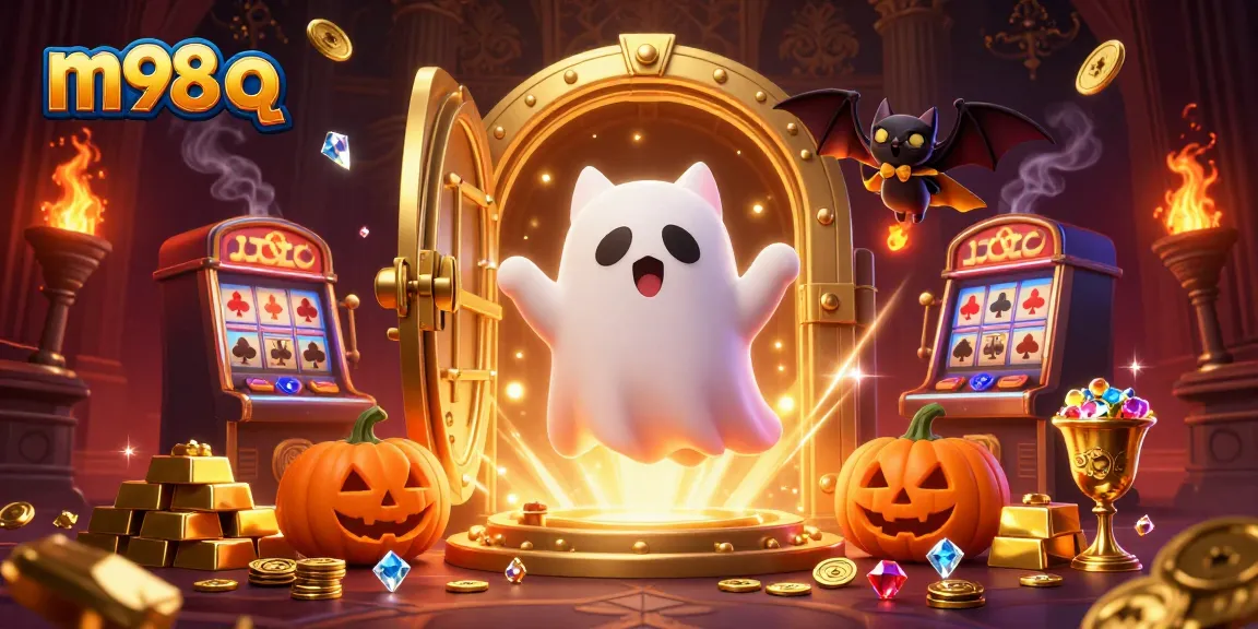 Engage with m98 q by witnessing the magical casino adventure of a ghost cat and its bat companion amidst glowing treasures.