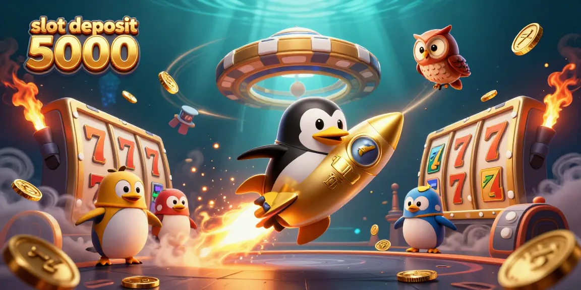 Engage in exciting play with slot deposit 5000, featuring golden penguin and dynamic slot elements.
