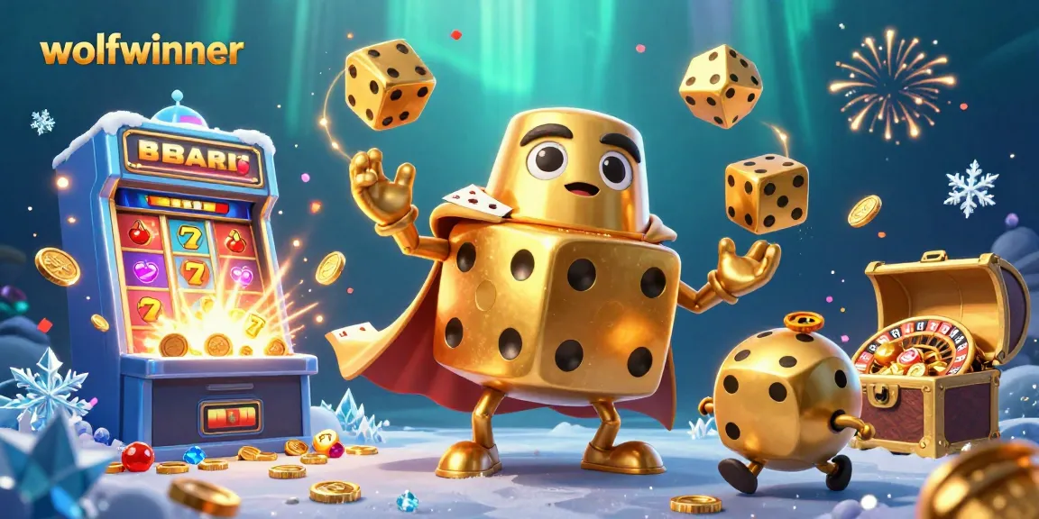 Experience excitement with wolfwinner in this vibrant casino-themed illustration showcasing golden dice and jackpot elements.